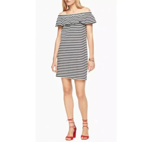 Kate Spade NWT Mini Dress Off Shoulder Black Stripe Shift Cotton A-Line Dress - Picture 2 of 10